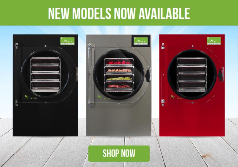 Image showing the caption: New models available, shop now. Below the caption, a black freeze dryer, a stainless steel freeze dryer, and a red freeze dryer. Below those, a button with the text: shop now.