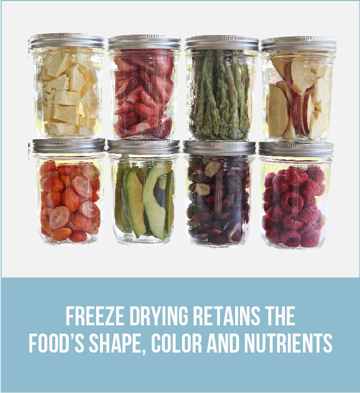 8 jars of freeze dried food with the caption: Freeze drying retains the food's shape, color and nutrients