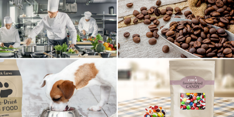 chefs in a kitchen, coffee beans, a dog eating freeze dried dog food, a bag of freeze dried candy