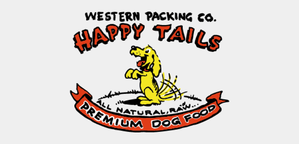 logo for Western Packing Co. Happy Tails All Natural, Raw, Premium Dog Food. A yellow dog with a wagging tail