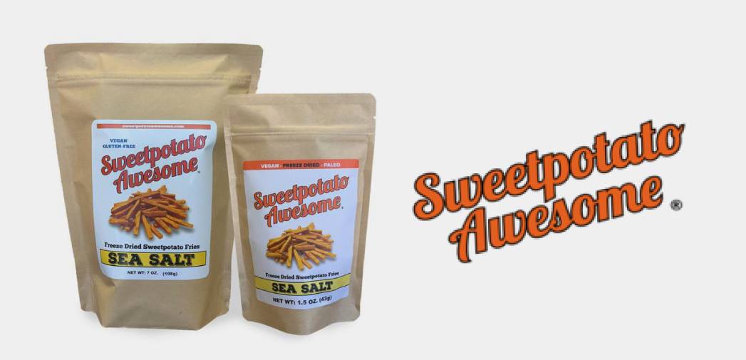 bags of freeze dried sweet potatoes and the logo for Sweet Potato Awesome