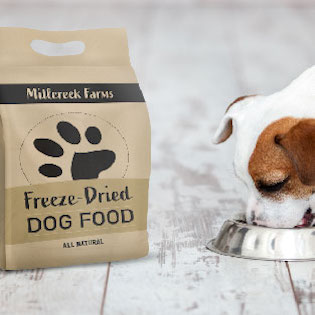 A dog eating freeze dried dog food